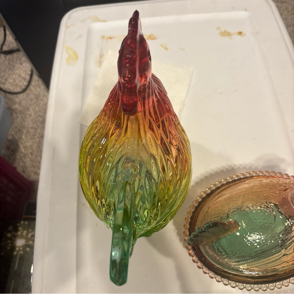 Glass Rooster 11 in Figurine & chicken 7 in on a beaded nest red / green storage - Picture 5 of 11
